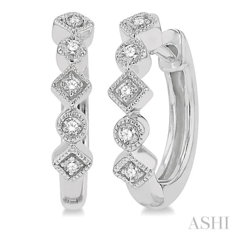 1/10 ctw Circular & Rhombus Mount Round Cut Diamond Huggie Earrings in 14K White Gold