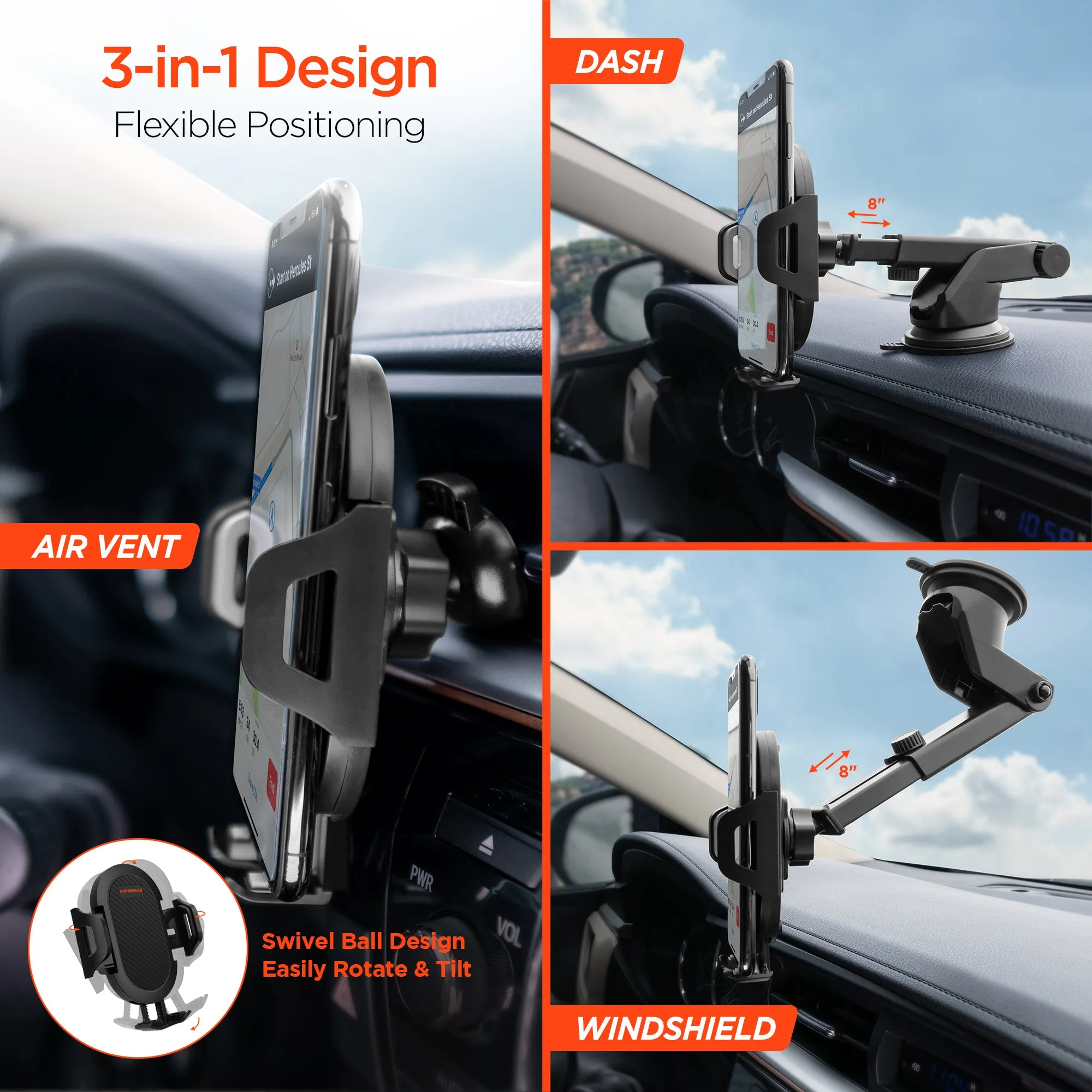 3-in-1 Phone Mount Kit | Vent   Dashboard   Windshield | Black