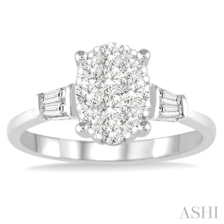 5/8 ctw Oval Shape Lovebright Baguette and Round Cut Diamond Cluster Ring in 14K White Gold