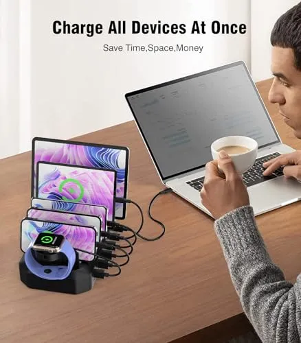 95W Charging Station for Multiple Devices, 6-Port USB Charging Dock with 2 PD Ports, Multi Charging Station Compatible with MacBook，Cellphones, iPad, Kindle, Tablets (Includes 8 Cables & 2 Stands)