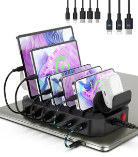 95W Charging Station for Multiple Devices, 6-Port USB Charging Dock with 2 PD Ports, Multi Charging Station Compatible with MacBook，Cellphones, iPad, Kindle, Tablets (Includes 8 Cables & 2 Stands)