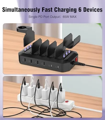 95W Charging Station for Multiple Devices, 6-Port USB Charging Dock with 2 PD Ports, Multi Charging Station Compatible with MacBook，Cellphones, iPad, Kindle, Tablets (Includes 8 Cables & 2 Stands)