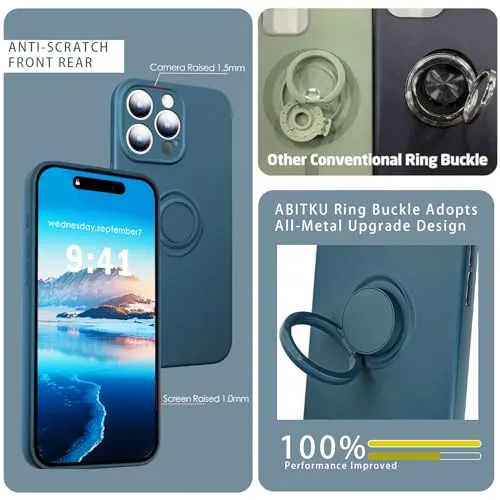 ABITKU Compatible with iPhone 15 Pro (6.1 inch) Silicone Case - Ring Kickstand, Includes Strap Rope - Stylish & Durable, Suitable for Women and Girls 2023, Blue