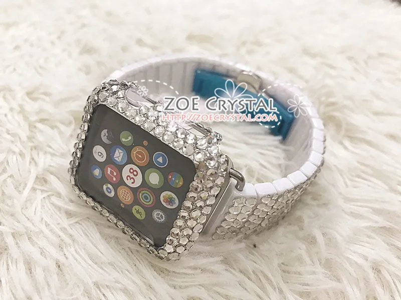 Apple Watch Bling Strass Clear white Swarovski Crystal Case Protector Cover Luxury with a White Rhinestone iWatch Band Strap