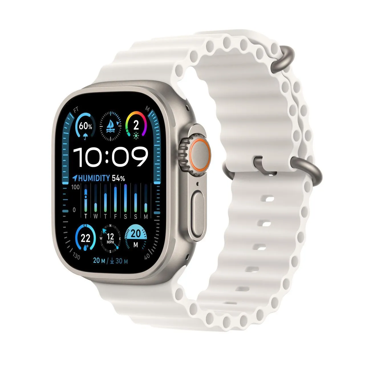 Apple Watch Ultra 2 - 49 Mm - Titanium - Smart Watch With Ocean Band - Fluoroelastomer - White - Wrist Size: 130-200 Mm