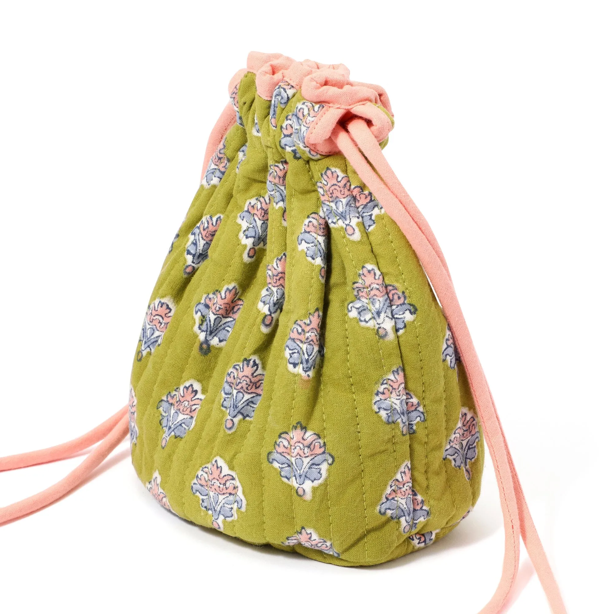 Block Print Drawstring Pouch Flower Green