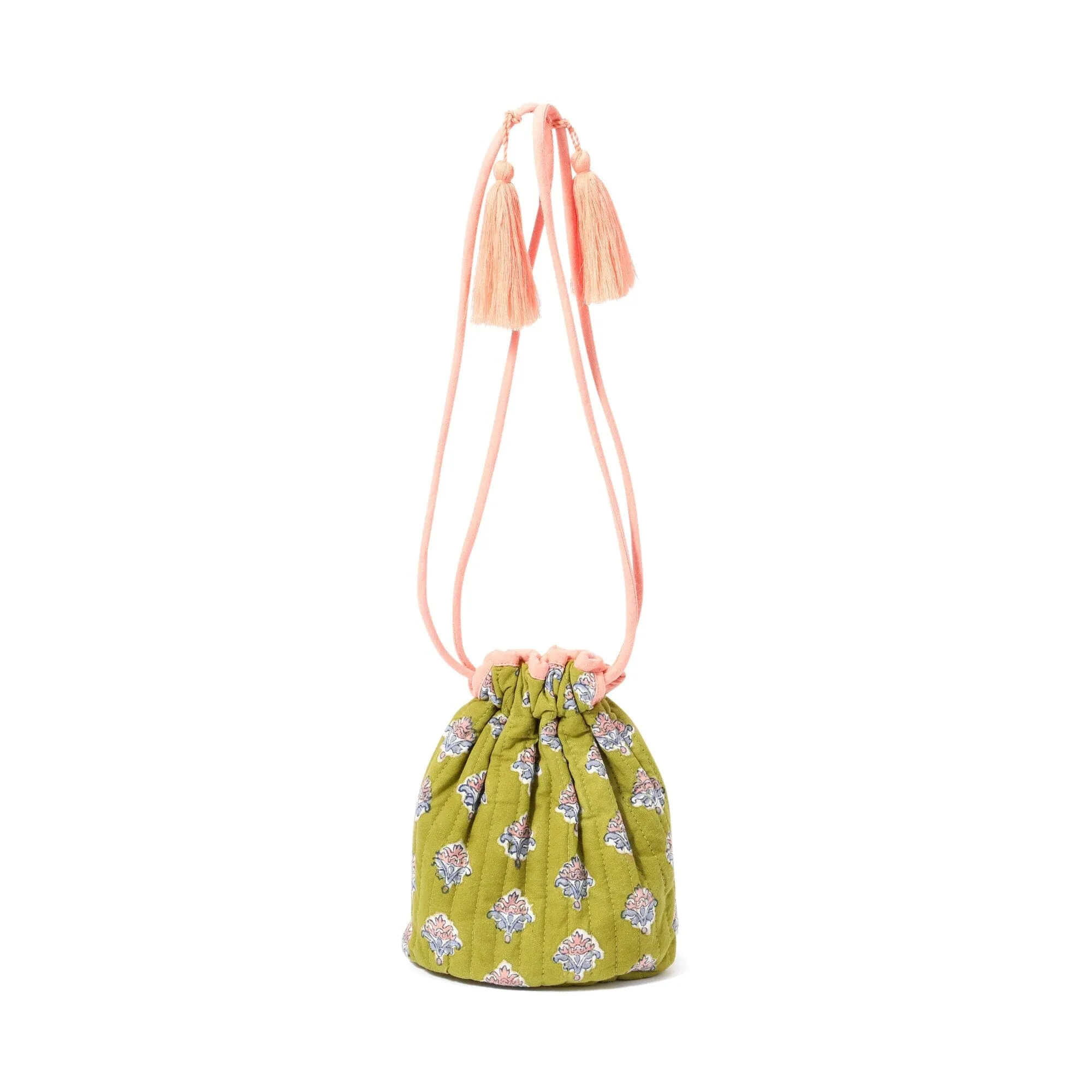 Block Print Drawstring Pouch Flower Green