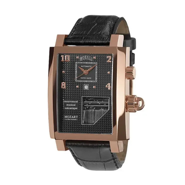 Boegli Men's Grand Festival Automatic Rose Gold Plated Black Leather Watch M.750