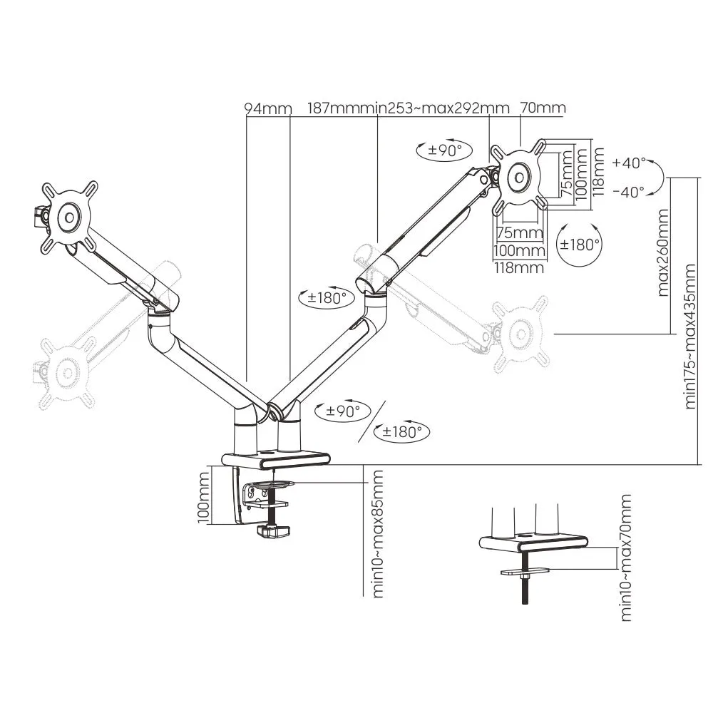 COSMAS Slim Aluminum Spring-Assisted Dual Monitor Arm