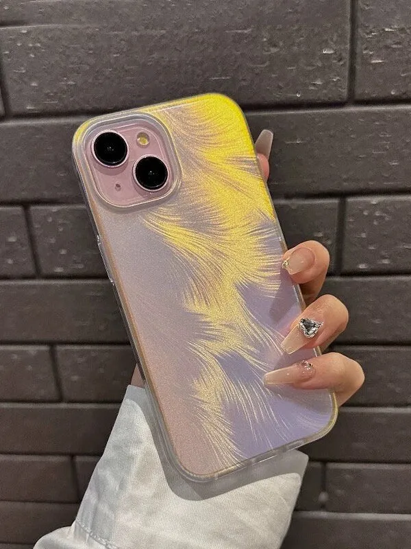 Cute Clear Holographic Laser White, Gold, Green Feather Design Protective Shockproof iPhone Case for iPhone 11 12 13 14 15 Plus Pro Max