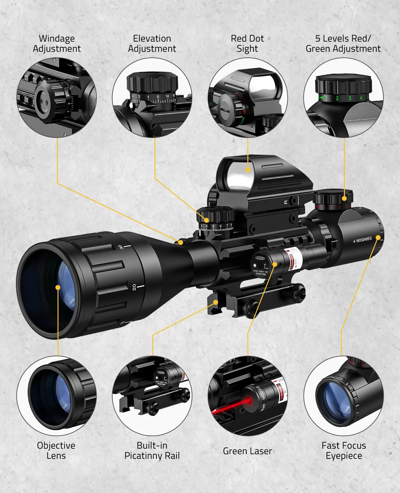 CVLIFE EagleFeather 4-16x50 Tactical Rifle Scope Red & Green Dot Sight