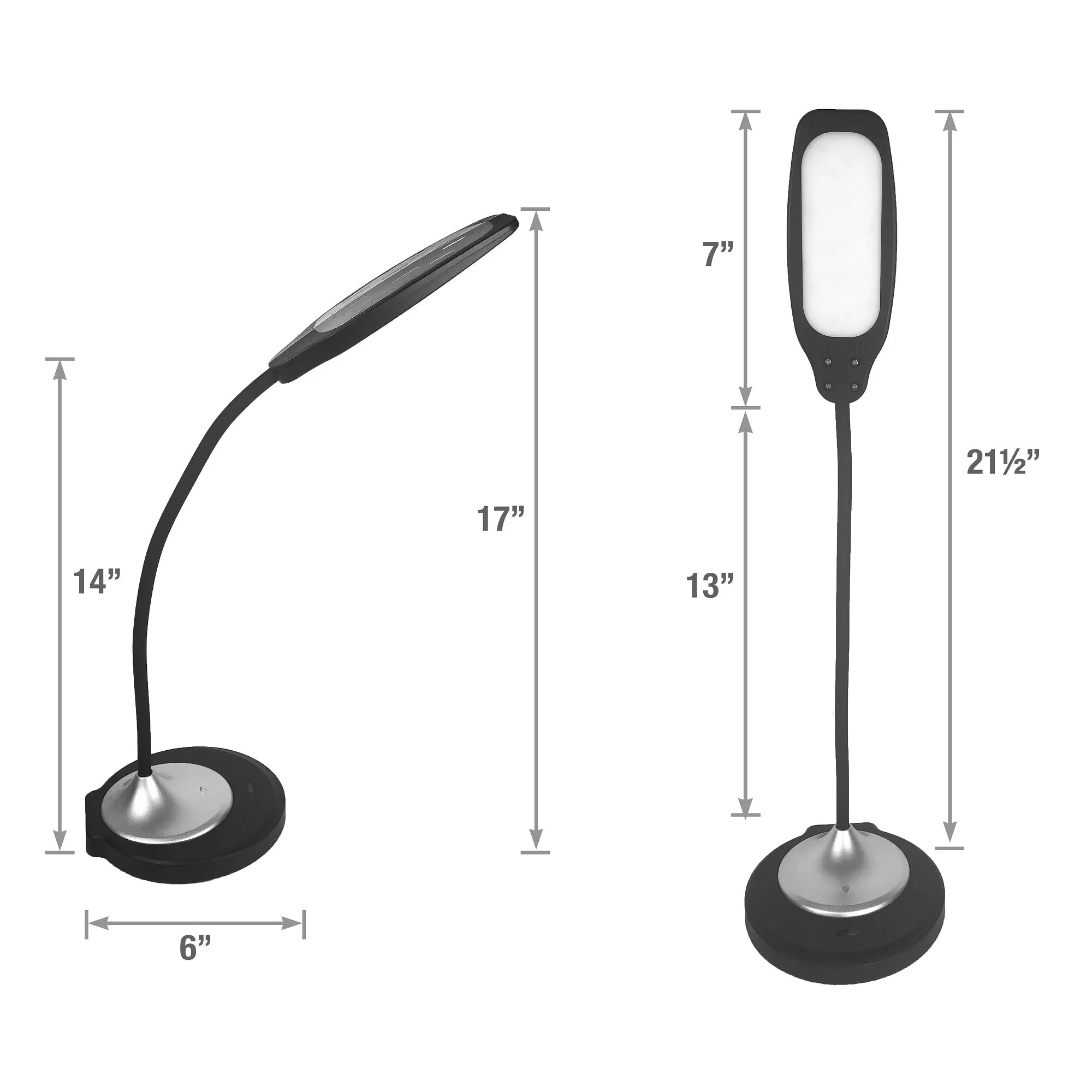 DAC® MP-354 Adjustable LED Desk Lamp/Table Lamp with USB Charging Port, Silver and Black