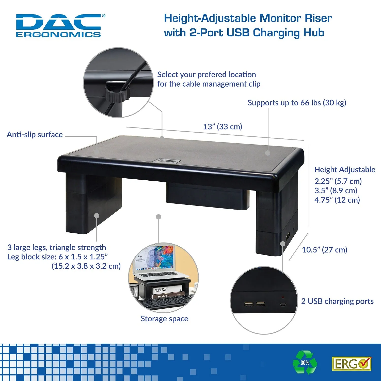 DAC® Stax™ MP-213 Height-Adjustable Monitor/Laptop Stand with 2-USB Ports, Black