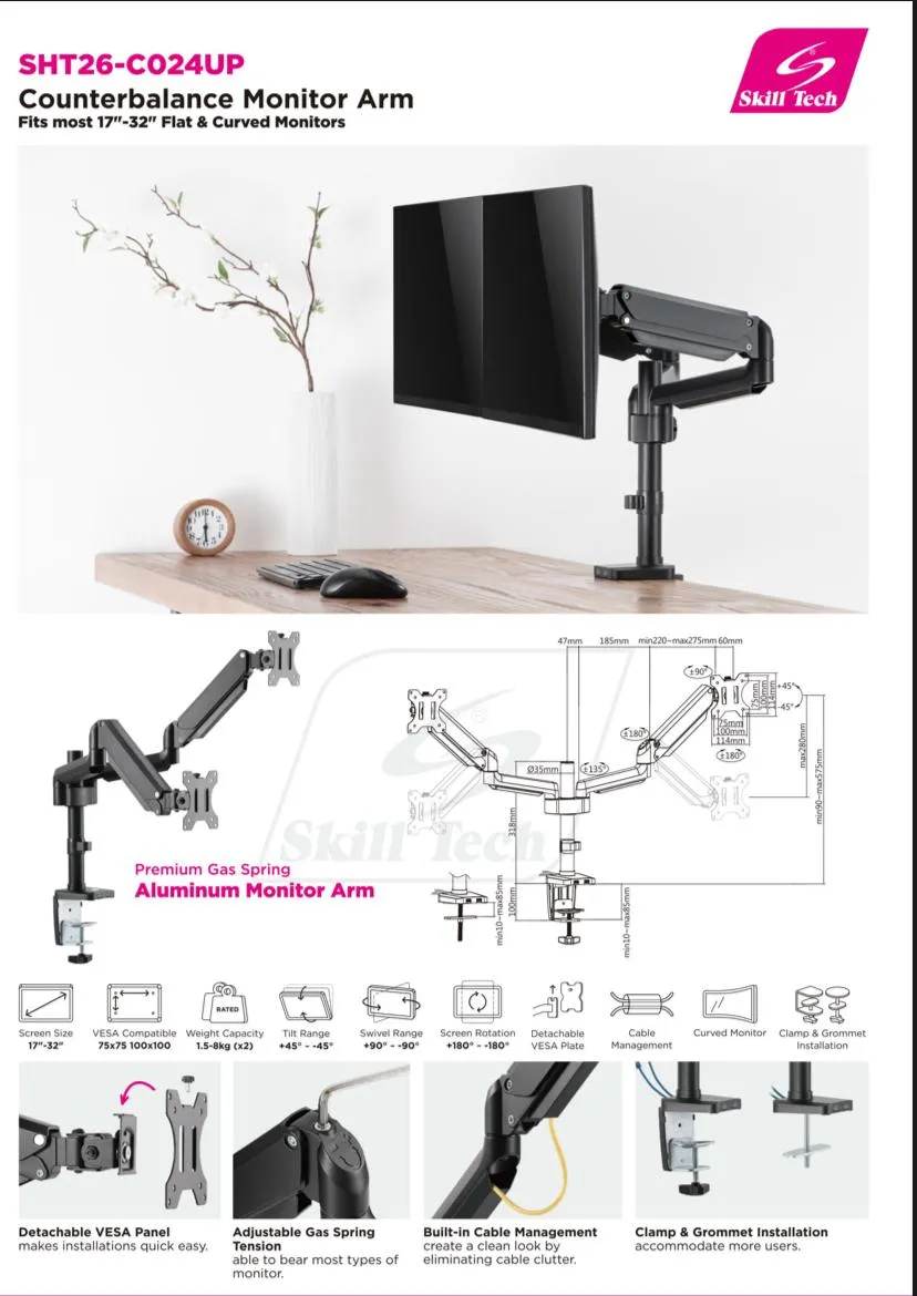 Dual Monitor Gas Spring Mount with Usb Ports - SH T26C024UP (Fits Most 17"~ 32")