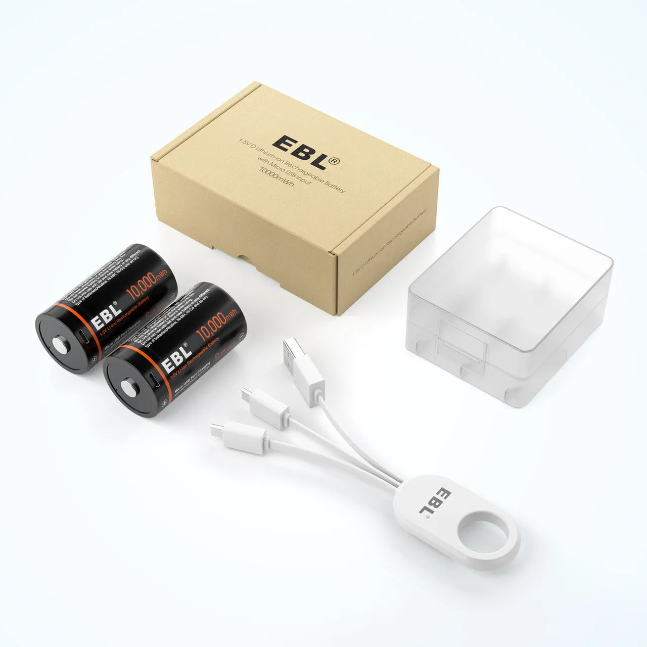 EBL TB-1448 1.5V D Cell 10000mWh High-Performance Rechargeable Li-Ion Lithium Ion Battery with Built-In Micro USB Port for Portable and Emergency Electronics