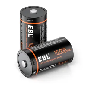 EBL TB-1448 1.5V D Cell 10000mWh High-Performance Rechargeable Li-Ion Lithium Ion Battery with Built-In Micro USB Port for Portable and Emergency Electronics