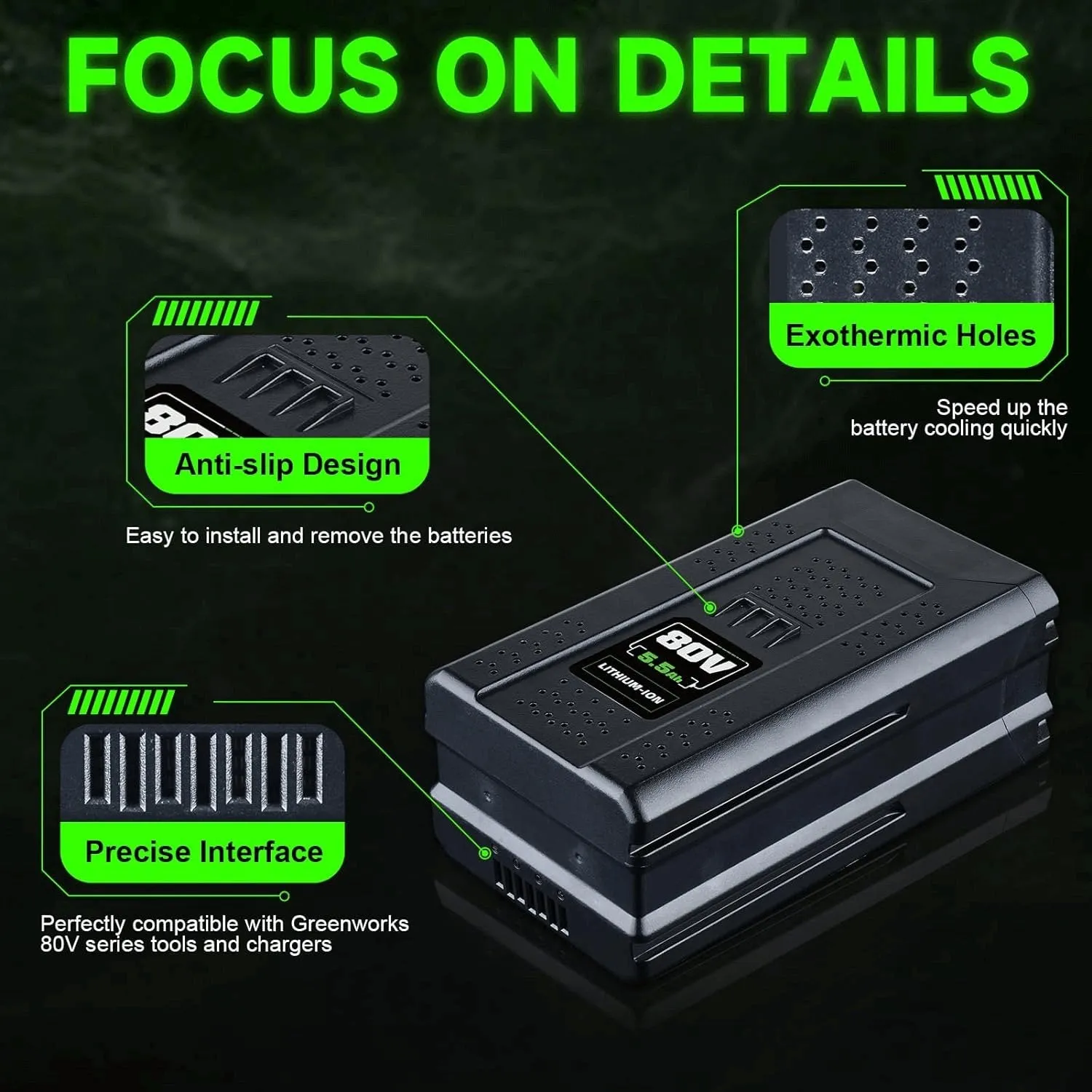 For Greenworks 80V 5.5Ah Battery Max GBA80200 Compatible with Greenworks 80V Cordless Power Tools GCH8040