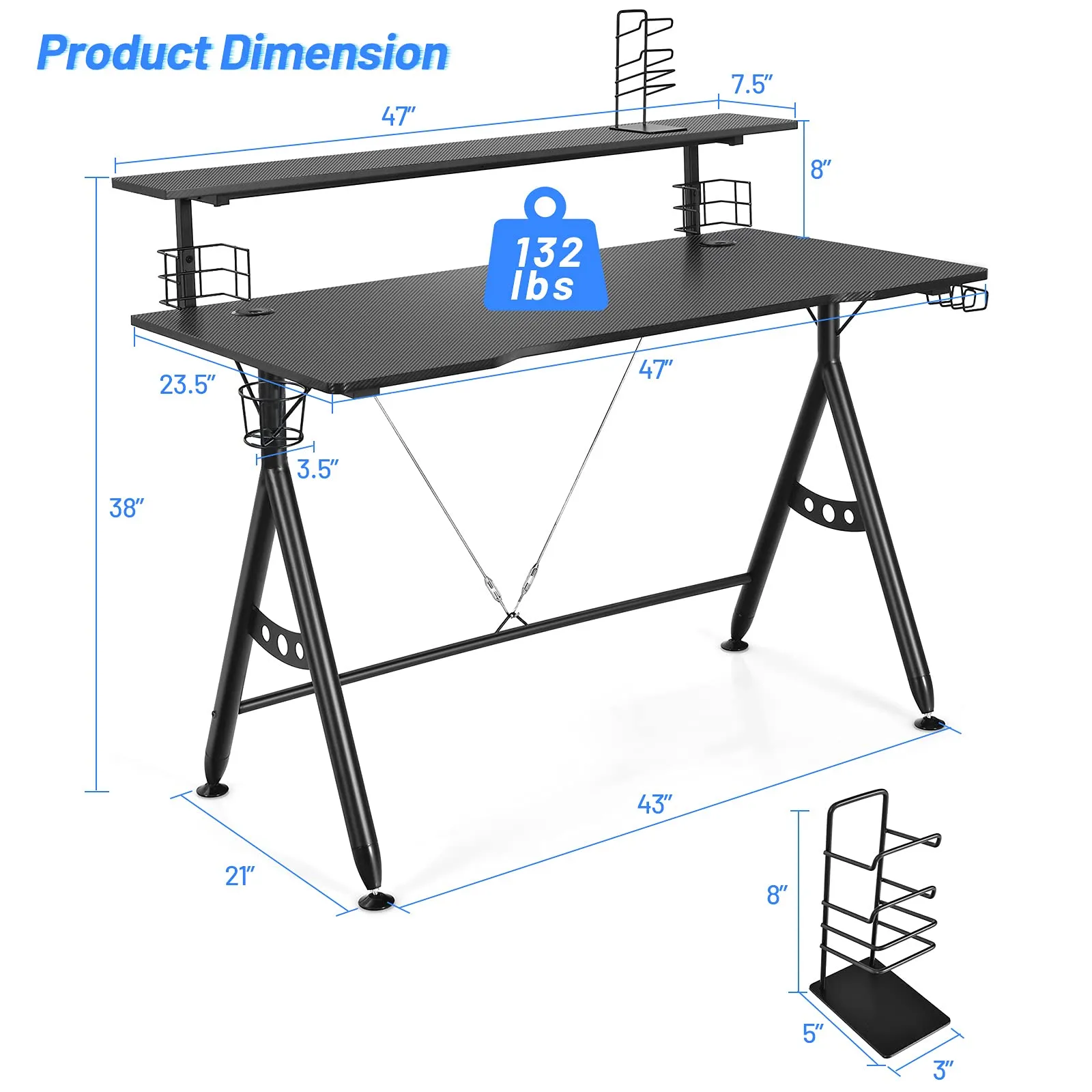 Gaming Desk, Ergonomic Computer Desk w/Monitor Shelf, Game Handle Rack, Cup Holder