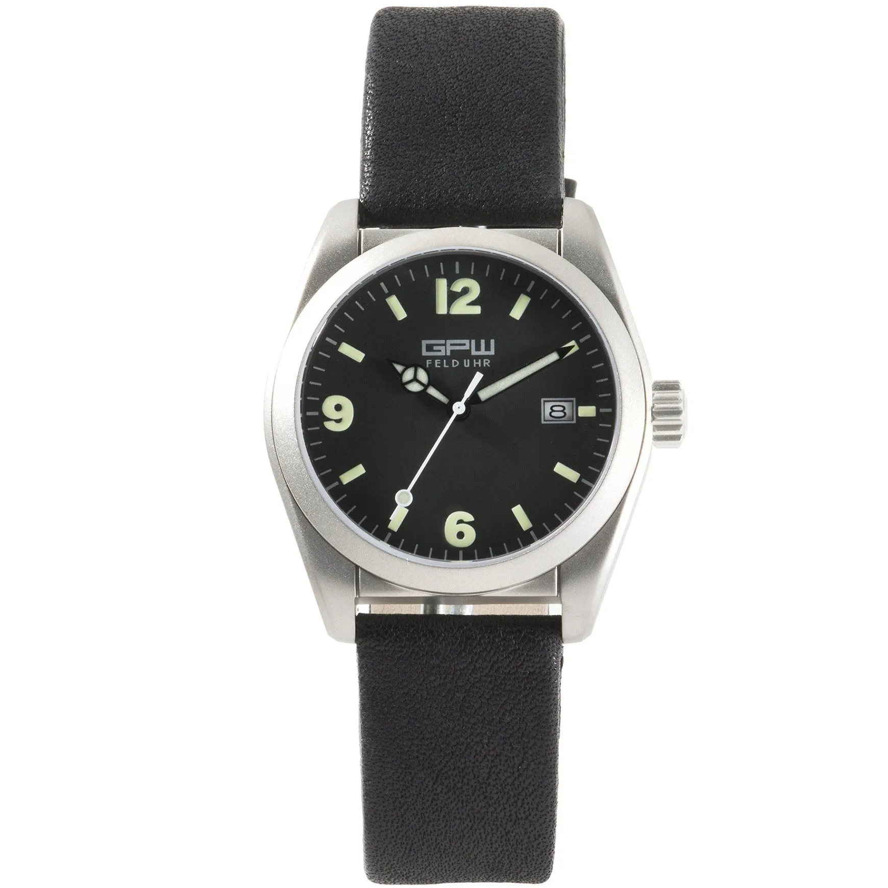 German Military Titanium Watch. GPW Fieldwatch Automatic. 200M W/R. Sapphire Crystal. Soft Black Leatherstrap.