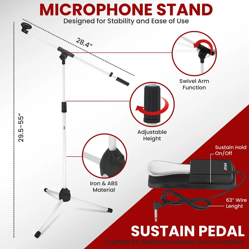 Heavy-Duty Keyboard Accessories - Includes Z Shape Keyboard Stand, Headset, Keyboard Stool, Microphone Stand, And Sustain Pedal (White)