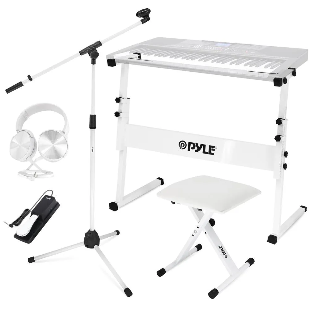 Heavy-Duty Keyboard Accessories - Includes Z Shape Keyboard Stand, Headset, Keyboard Stool, Microphone Stand, And Sustain Pedal (White)