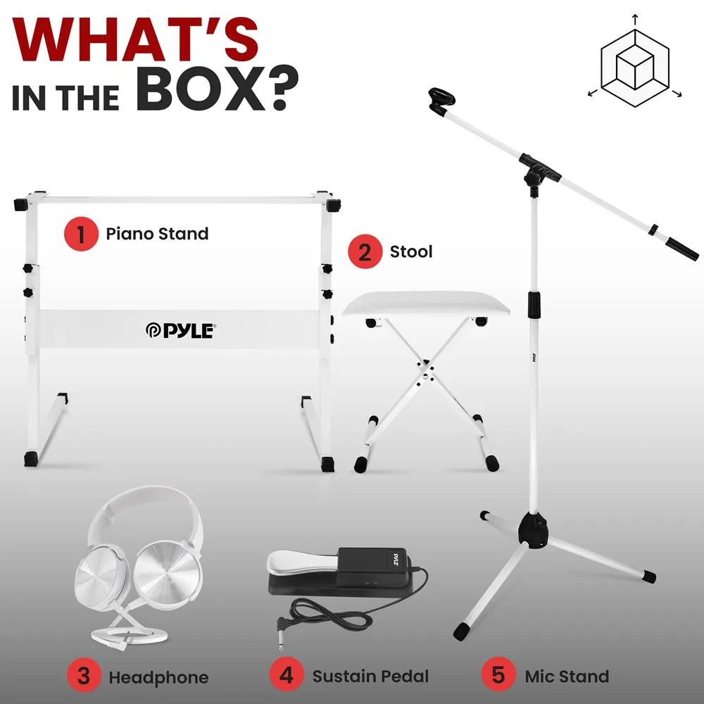 Heavy-Duty Keyboard Accessories - Includes Z Shape Keyboard Stand, Headset, Keyboard Stool, Microphone Stand, And Sustain Pedal (White)