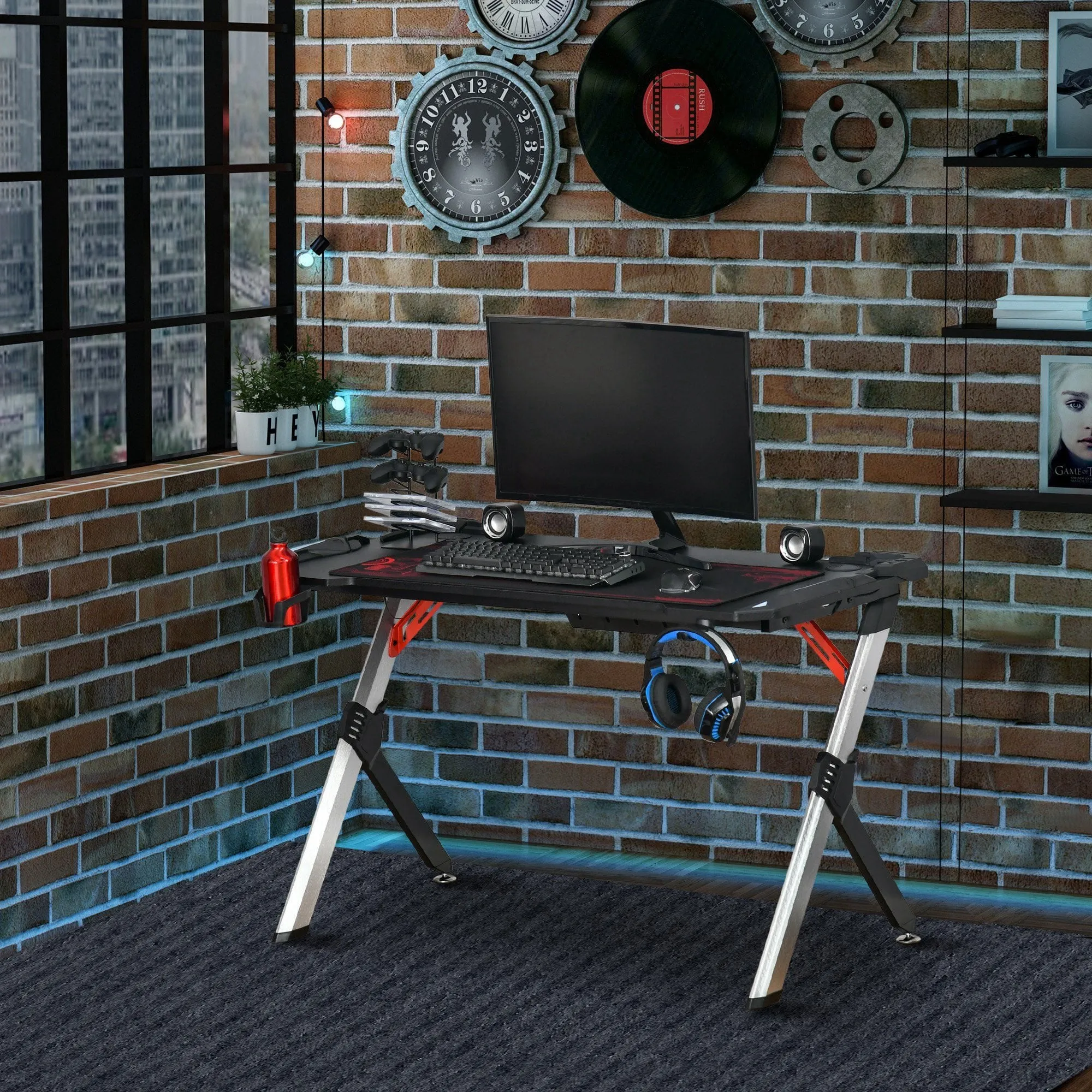 LED Breathing Lights Gaming Table Computer Desk Carbon Fiber Feel Desktop Steel Frame with Cup Holder, Headphone Hook, Basket, Black