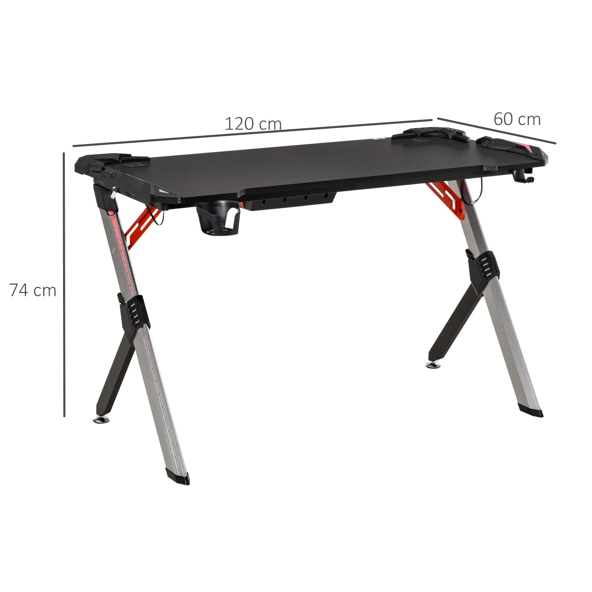 LED Breathing Lights Gaming Table Computer Desk Carbon Fiber Feel Desktop Steel Frame with Cup Holder, Headphone Hook, Basket, Black