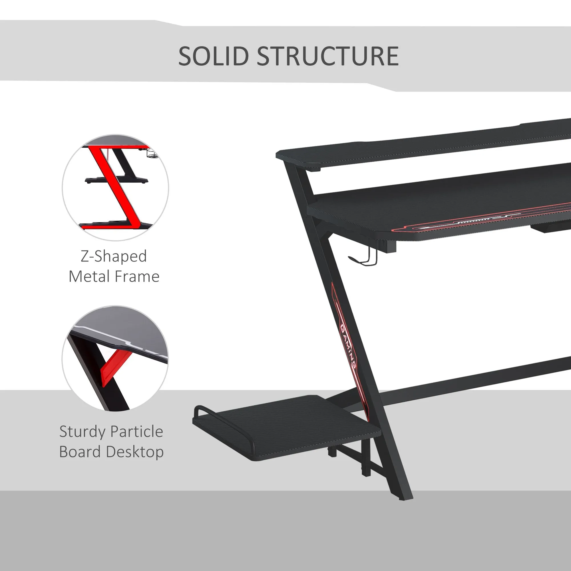 LED Breathing Lights Gaming Table Double-layer Tabletop Computer Desk Metal Frame with Host Support Board, Cup Holder, Headphone Hook, Gamepad Holder, Cable box, Black w/ Holder Hook box