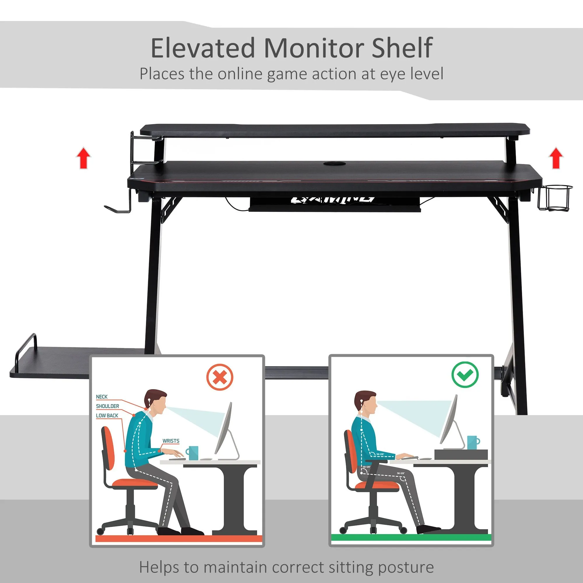 LED Breathing Lights Gaming Table Double-layer Tabletop Computer Desk Metal Frame with Host Support Board, Cup Holder, Headphone Hook, Gamepad Holder, Cable box, Black w/ Holder Hook box