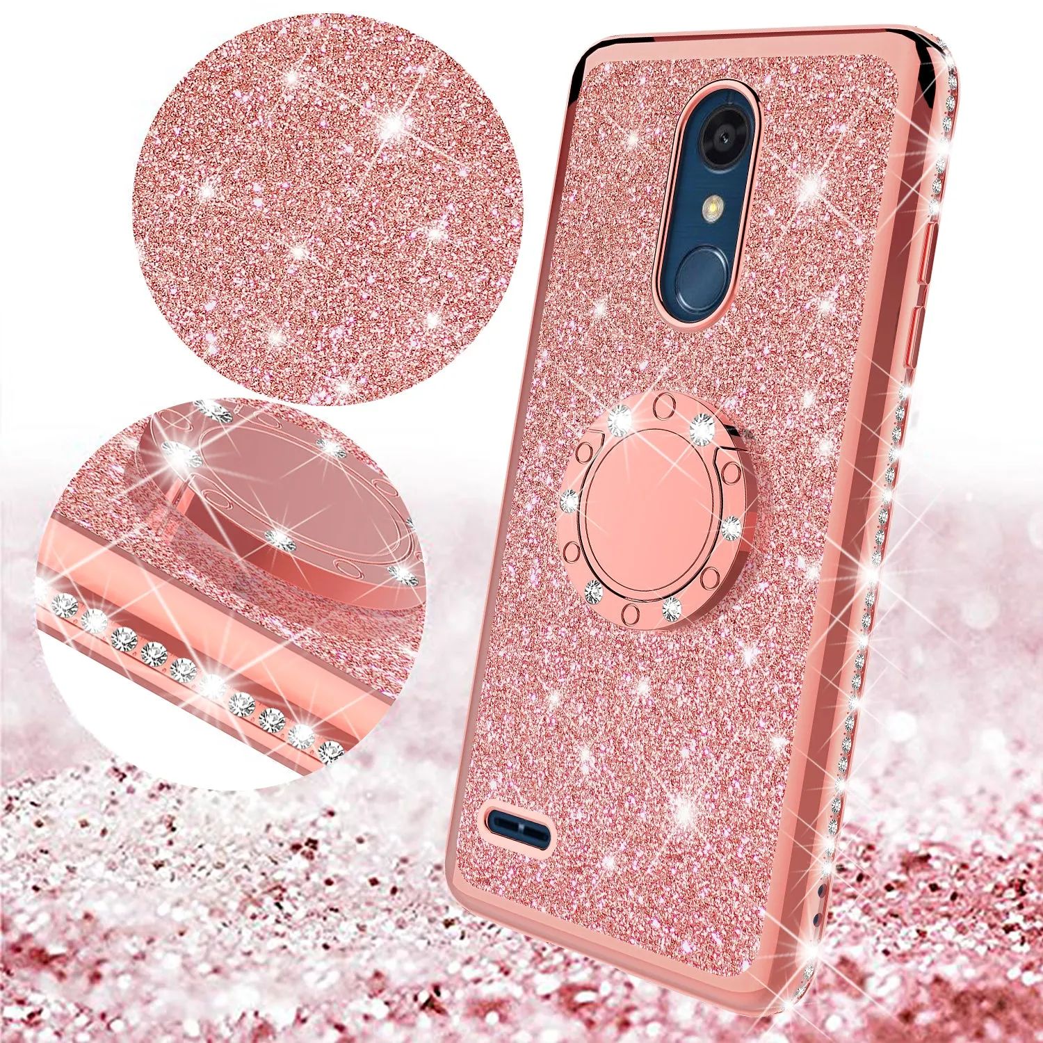 LG K40/Xpression Plus 2/K12 Plus/X4 2019/Harmony 3/LG Solo Case, Glitter Cute Phone Case Girls Bling Diamond Rhinestone Ring Stand Luxury Clear Thin Soft Protective Cover for Girl Women - Rose Gold