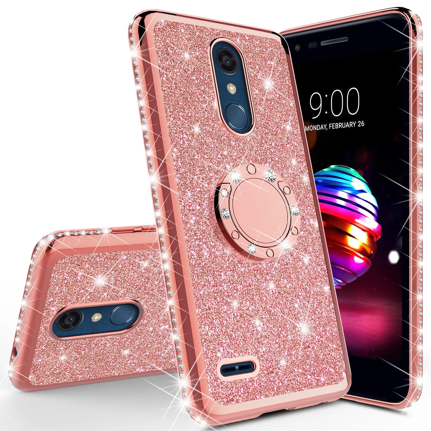 LG K40/Xpression Plus 2/K12 Plus/X4 2019/Harmony 3/LG Solo Case, Glitter Cute Phone Case Girls Bling Diamond Rhinestone Ring Stand Luxury Clear Thin Soft Protective Cover for Girl Women - Rose Gold