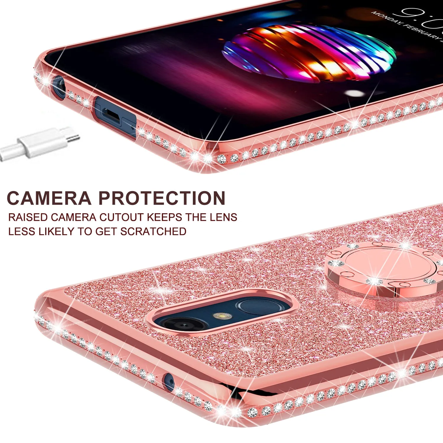 LG K40/Xpression Plus 2/K12 Plus/X4 2019/Harmony 3/LG Solo Case, Glitter Cute Phone Case Girls Bling Diamond Rhinestone Ring Stand Luxury Clear Thin Soft Protective Cover for Girl Women - Rose Gold