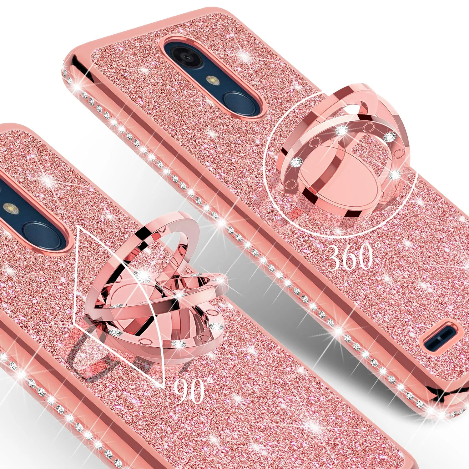 LG K40/Xpression Plus 2/K12 Plus/X4 2019/Harmony 3/LG Solo Case, Glitter Cute Phone Case Girls Bling Diamond Rhinestone Ring Stand Luxury Clear Thin Soft Protective Cover for Girl Women - Rose Gold