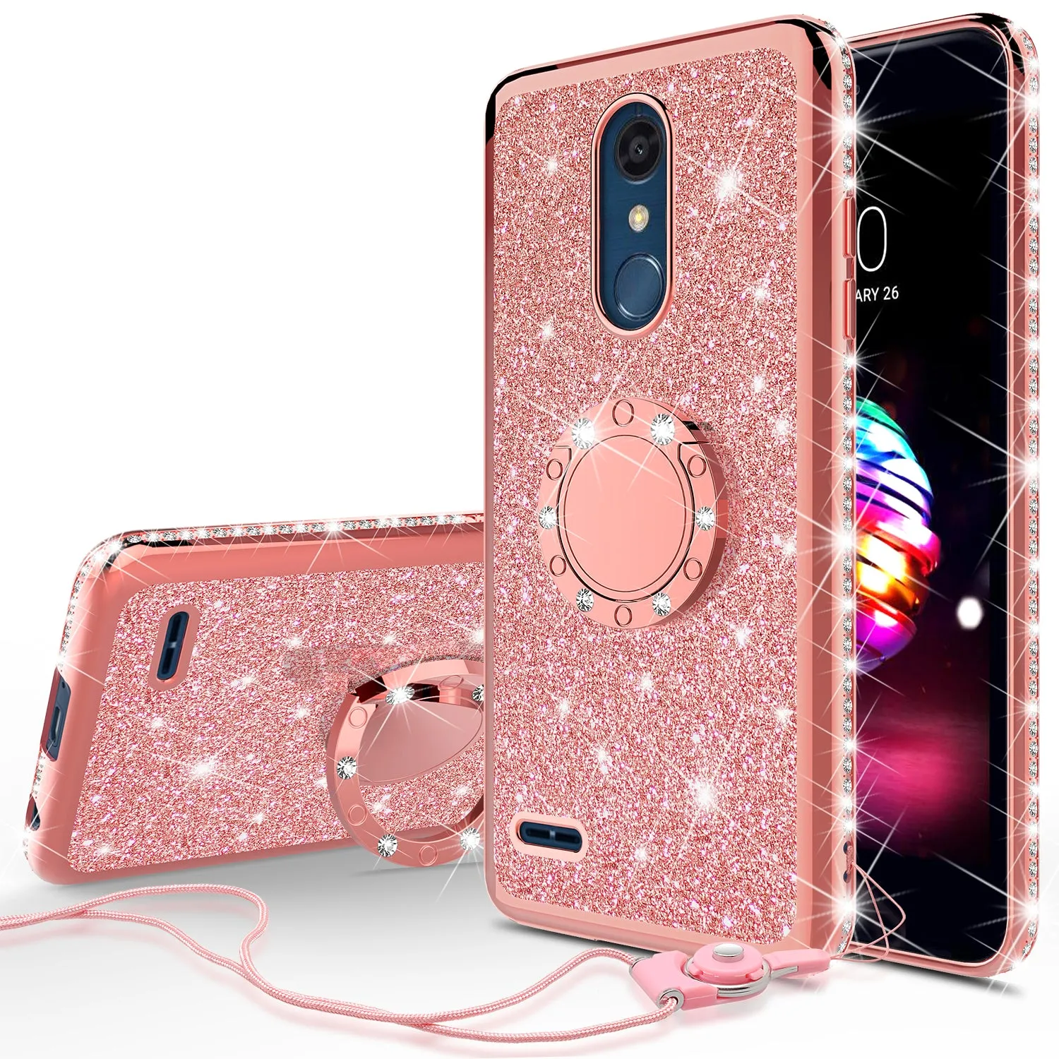 LG K40/Xpression Plus 2/K12 Plus/X4 2019/Harmony 3/LG Solo Case, Glitter Cute Phone Case Girls Bling Diamond Rhinestone Ring Stand Luxury Clear Thin Soft Protective Cover for Girl Women - Rose Gold