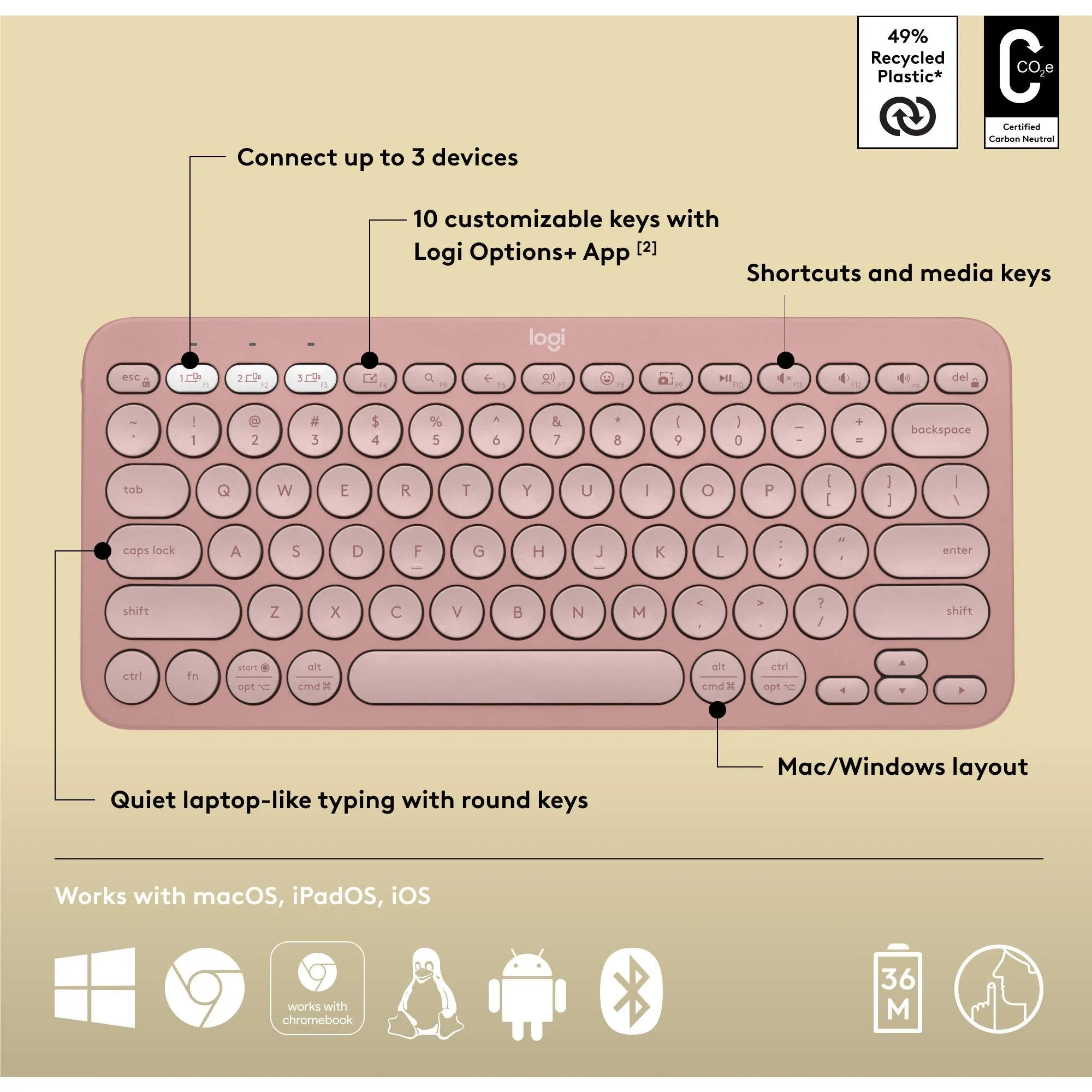 Logitech K380S Pebble Keys 2 Wireless Keyboard (Rose)