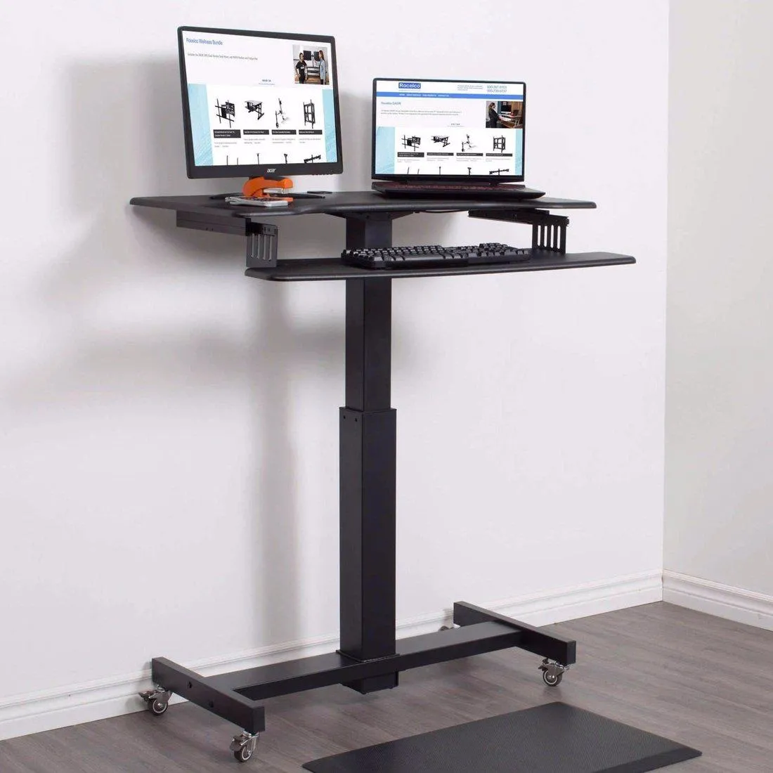 Lorell/Rocelco R MSD-40 Black 40” Height-Adjustable Mobile Standing Desk | Dual Monitor Keyboard Tray Gas Spring Assist R MSD-40