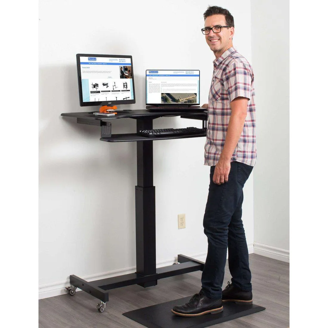 Lorell/Rocelco R MSD-40 Black 40” Height-Adjustable Mobile Standing Desk | Dual Monitor Keyboard Tray Gas Spring Assist R MSD-40