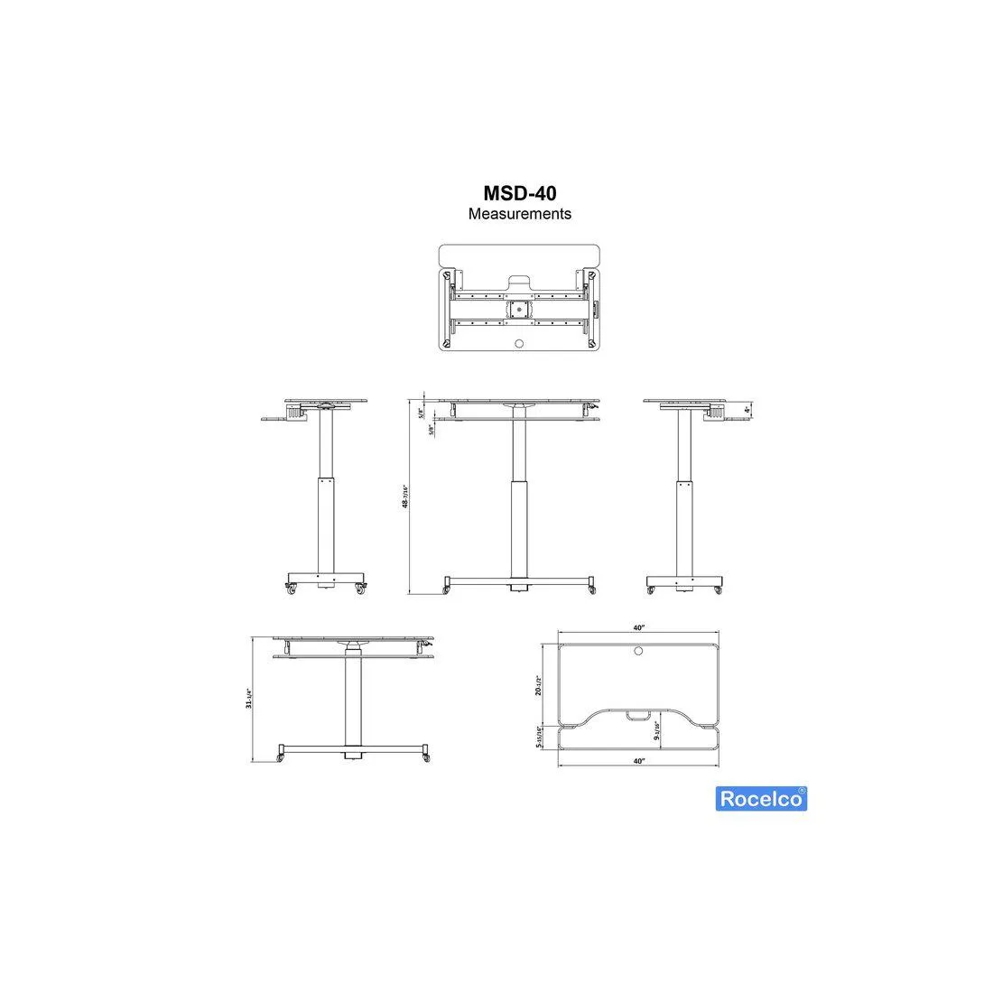 Lorell/Rocelco R MSD-40 Black 40” Height-Adjustable Mobile Standing Desk | Dual Monitor Keyboard Tray Gas Spring Assist R MSD-40