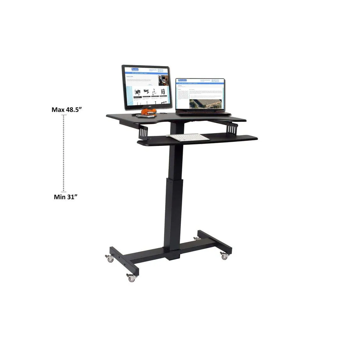 Lorell/Rocelco R MSD-40 Black 40” Height-Adjustable Mobile Standing Desk | Dual Monitor Keyboard Tray Gas Spring Assist R MSD-40