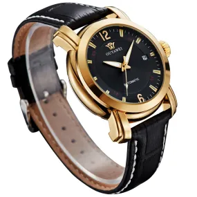 Men Mechanical Hand Wind Classic Simple Black Stainless Steel Case Luxury Date Clock Mens Wrist Watch,Leather Strap Men Watches