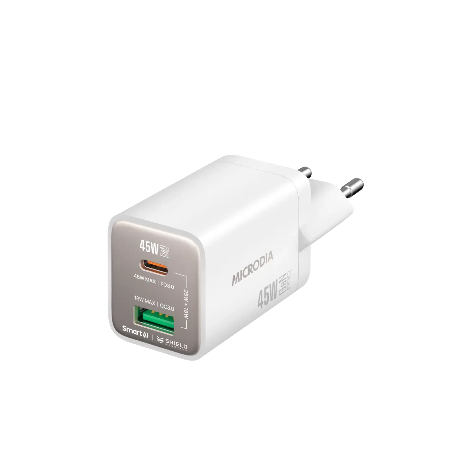 MICRODIA SMARTCube™ Nano 45W GaN Pro Wall Charger, Dual-Port, USB-C PD3.0   USB-A QC3.0