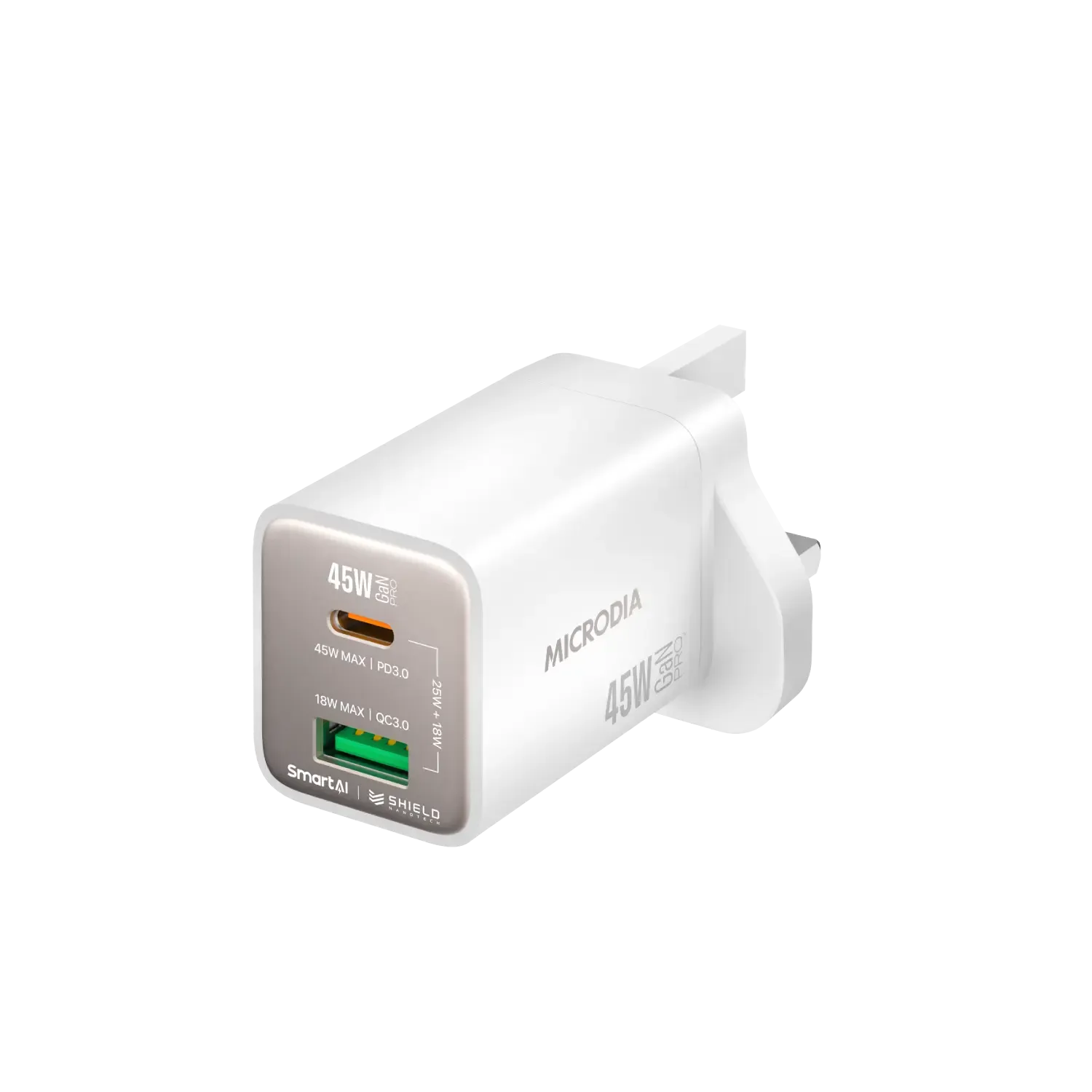 MICRODIA SMARTCube™ Nano 45W GaN Pro Wall Charger, Dual-Port, USB-C PD3.0   USB-A QC3.0