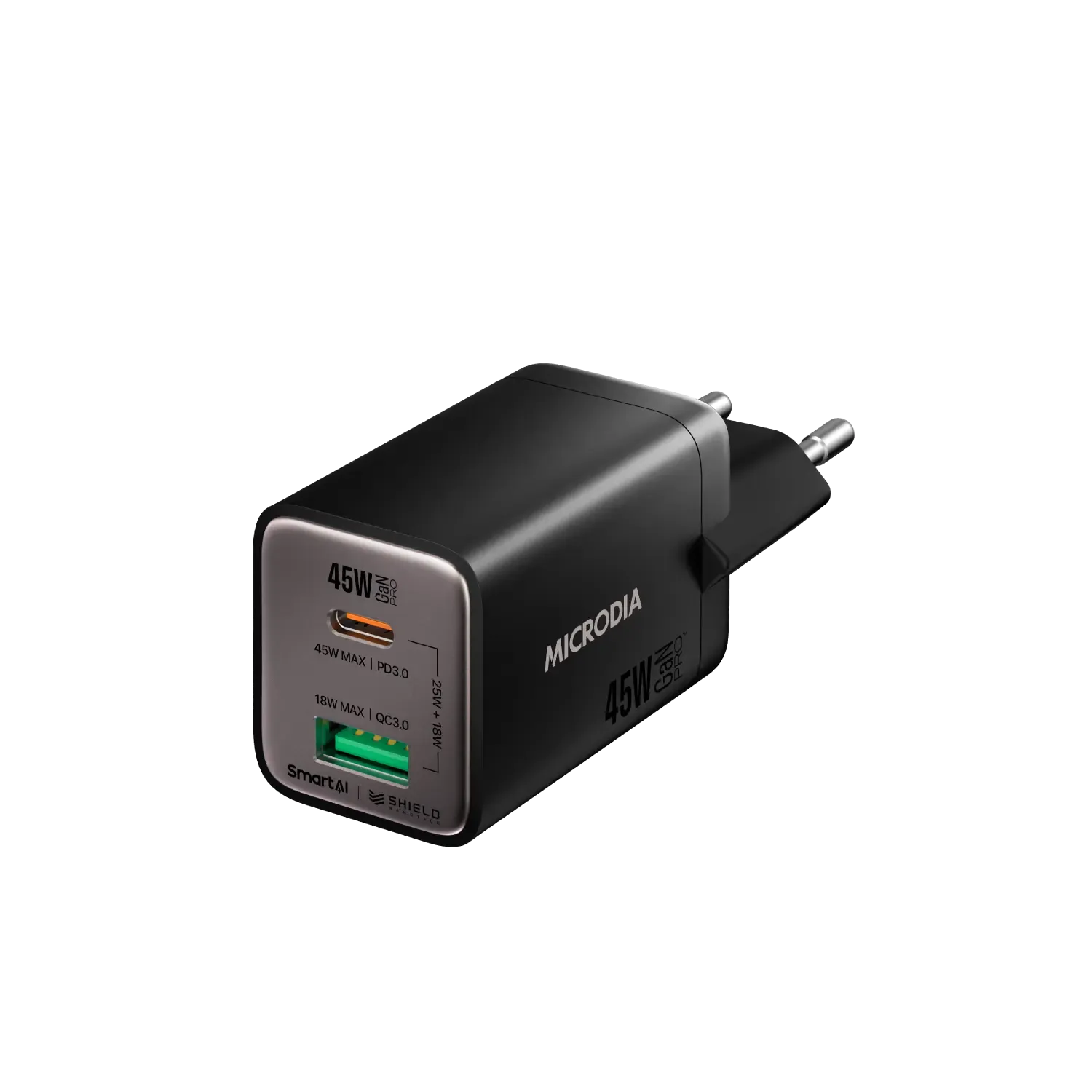 MICRODIA SMARTCube™ Nano 45W GaN Pro Wall Charger, Dual-Port, USB-C PD3.0   USB-A QC3.0