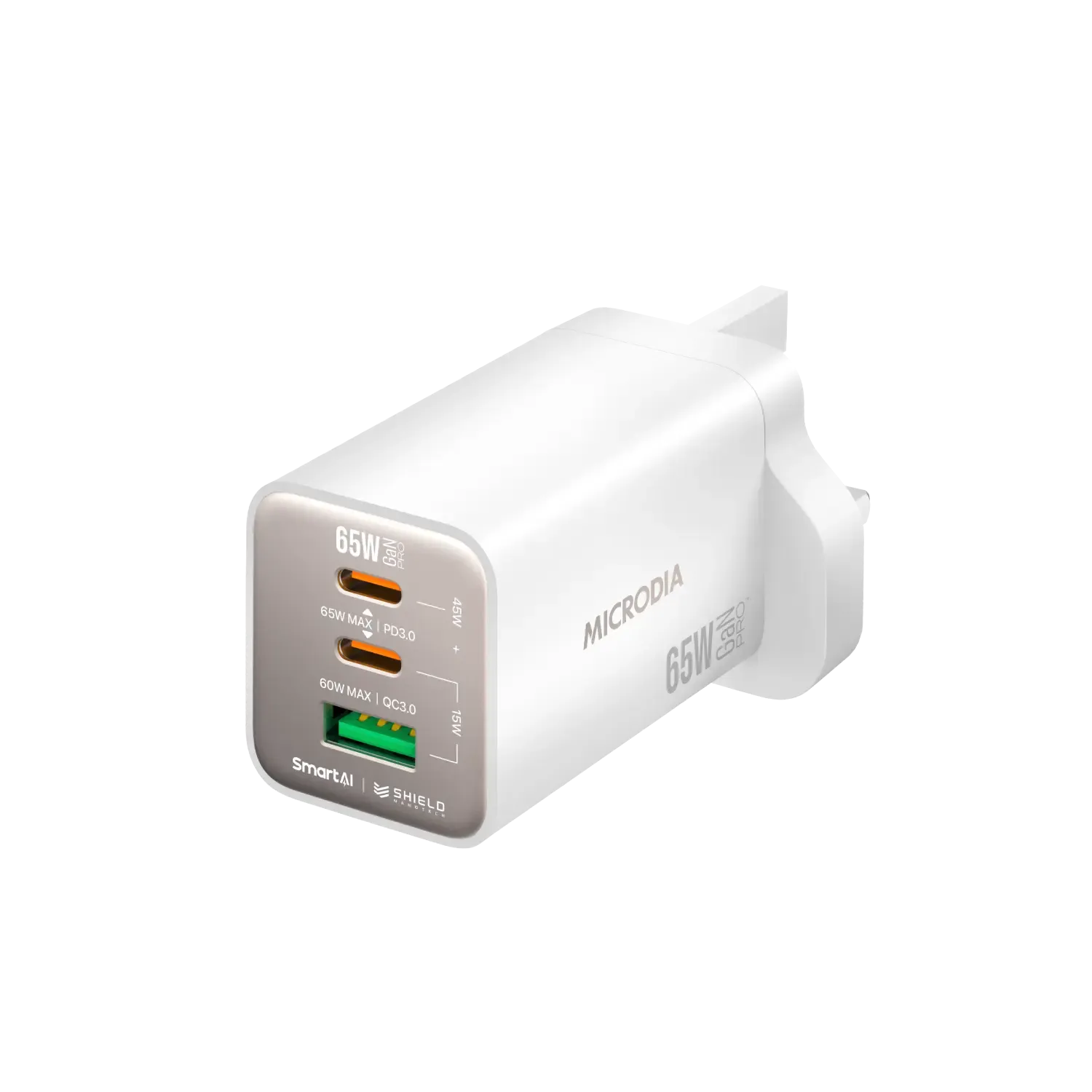 MICRODIA SMARTCube™ Nano 65W GaN Pro Wall Charger, 3-Port, USB-C PD3.0   USB-A QC3.0