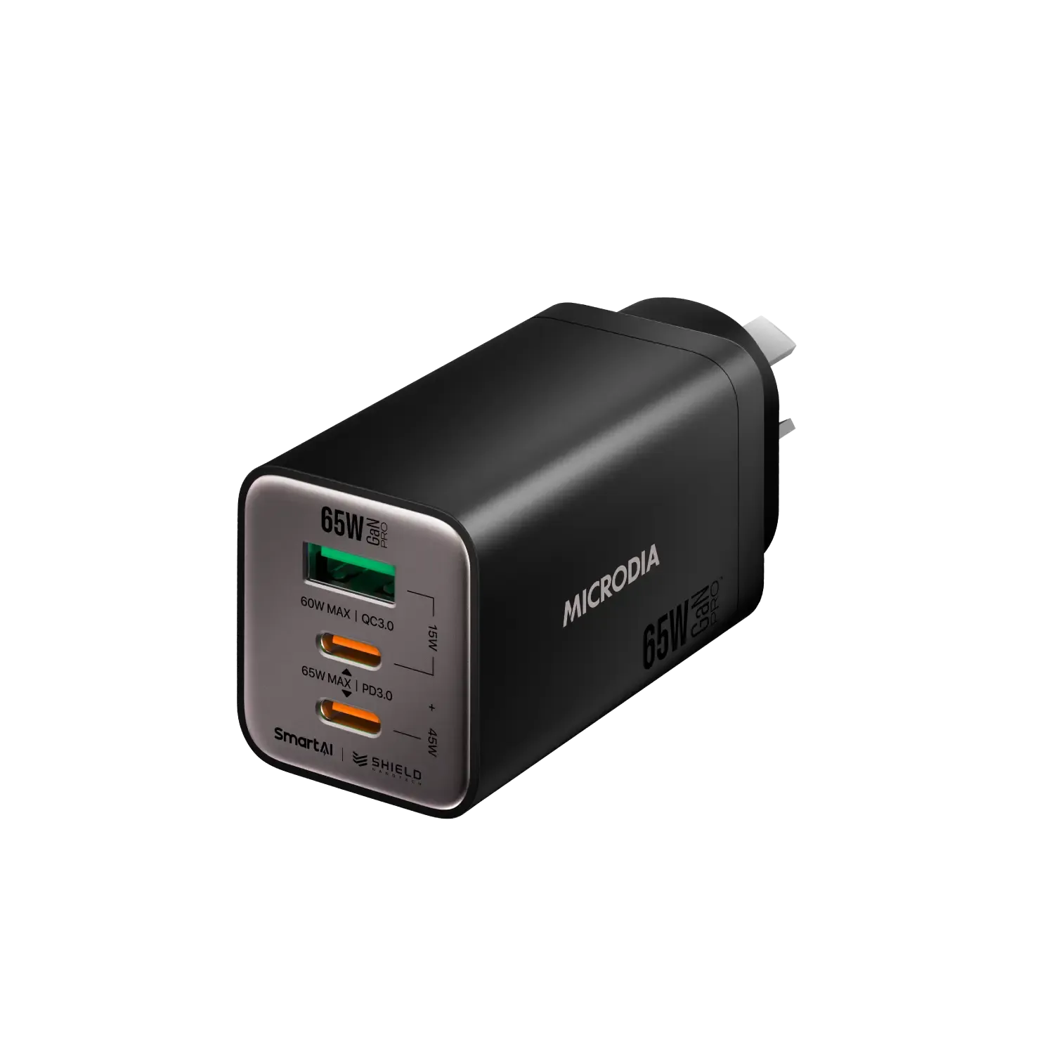 MICRODIA SMARTCube™ Nano 65W GaN Pro Wall Charger, 3-Port, USB-C PD3.0   USB-A QC3.0