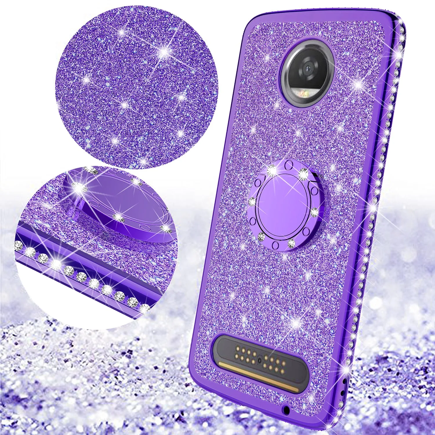 Motorola Moto Z2 Play Case, Glitter Cute Phone Case Girls with Kickstand,Bling Diamond Rhinestone Bumper Ring Stand Sparkly Luxury Clear Thin Soft Protective Motorola Moto Z2 Play Case for Girl Women - Purple