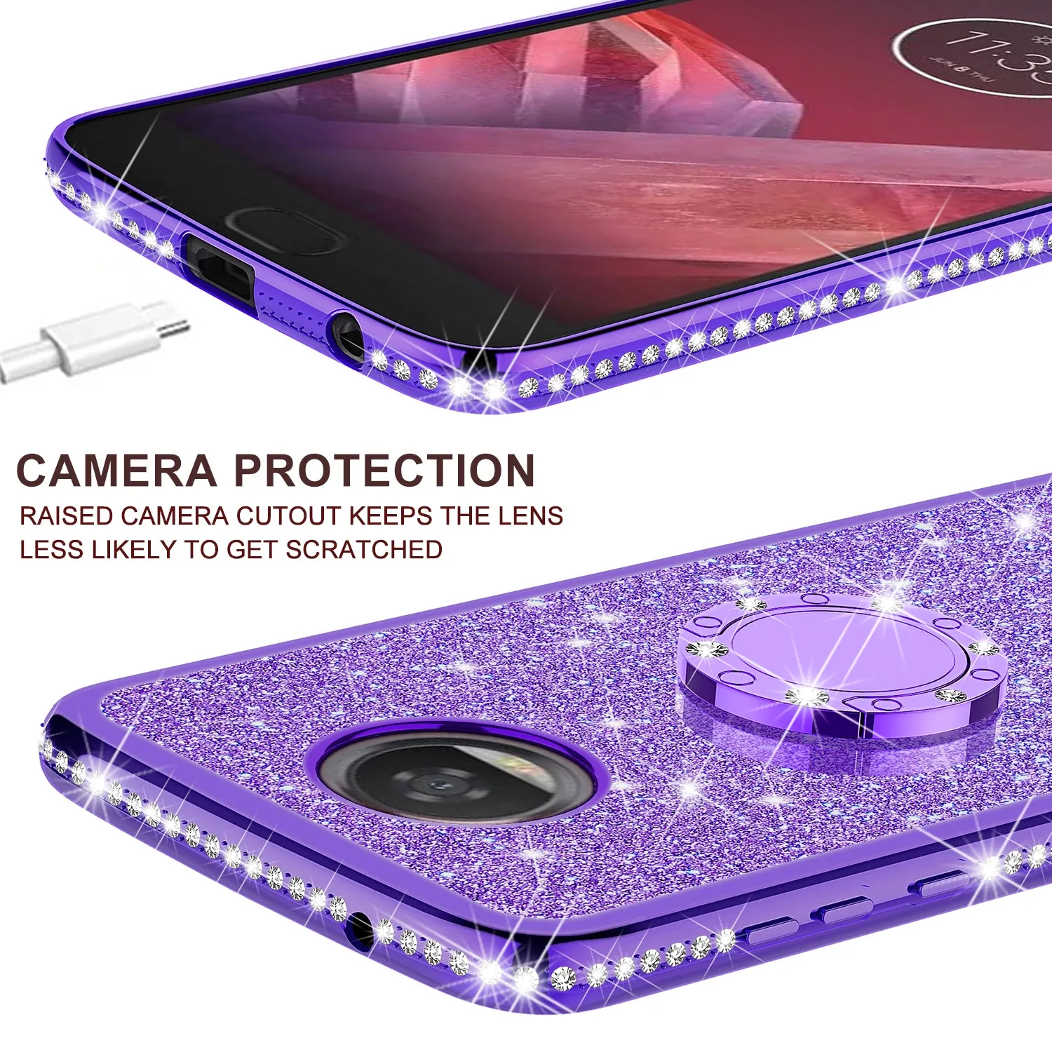 Motorola Moto Z2 Play Case, Glitter Cute Phone Case Girls with Kickstand,Bling Diamond Rhinestone Bumper Ring Stand Sparkly Luxury Clear Thin Soft Protective Motorola Moto Z2 Play Case for Girl Women - Purple