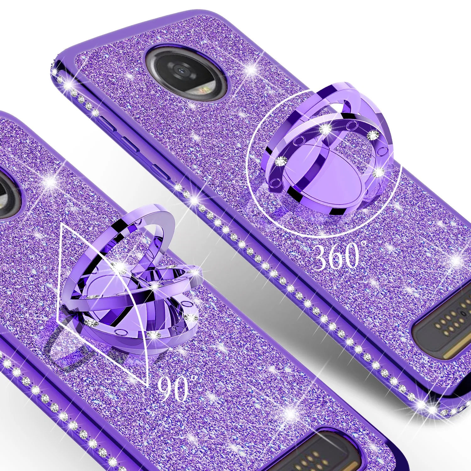 Motorola Moto Z2 Play Case, Glitter Cute Phone Case Girls with Kickstand,Bling Diamond Rhinestone Bumper Ring Stand Sparkly Luxury Clear Thin Soft Protective Motorola Moto Z2 Play Case for Girl Women - Purple