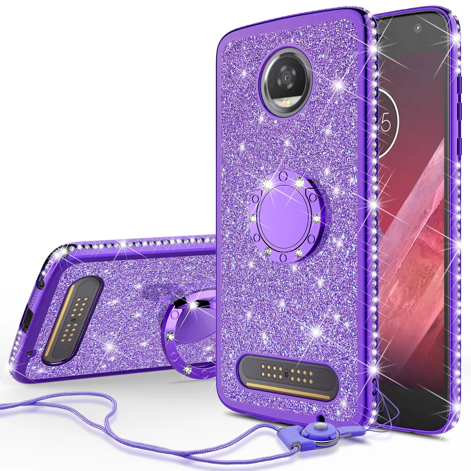 Motorola Moto Z2 Play Case, Glitter Cute Phone Case Girls with Kickstand,Bling Diamond Rhinestone Bumper Ring Stand Sparkly Luxury Clear Thin Soft Protective Motorola Moto Z2 Play Case for Girl Women - Purple